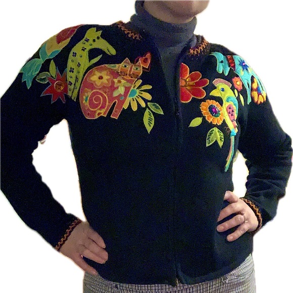 Arriviste Vintage Beaded Embroidered Cat Dog Animals Birds Sweater Small Zip Up - Picture 17 of 17